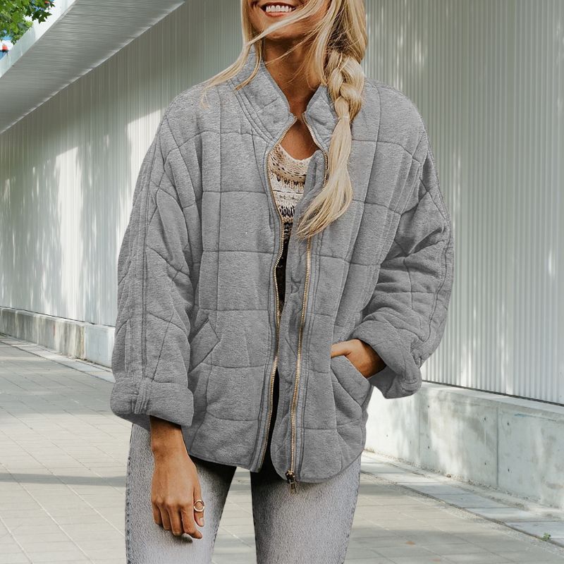 Women's Quilted Stand-Collar Jacket in Light Gray – product view 9 | Hensley London