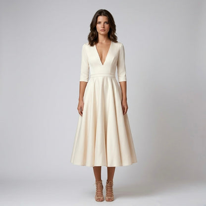 Women's Midi Dress White Elegant V Neck Flowing Design - 1