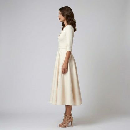 Women's Midi Dress White Elegant V Neck Flowing Design - 2