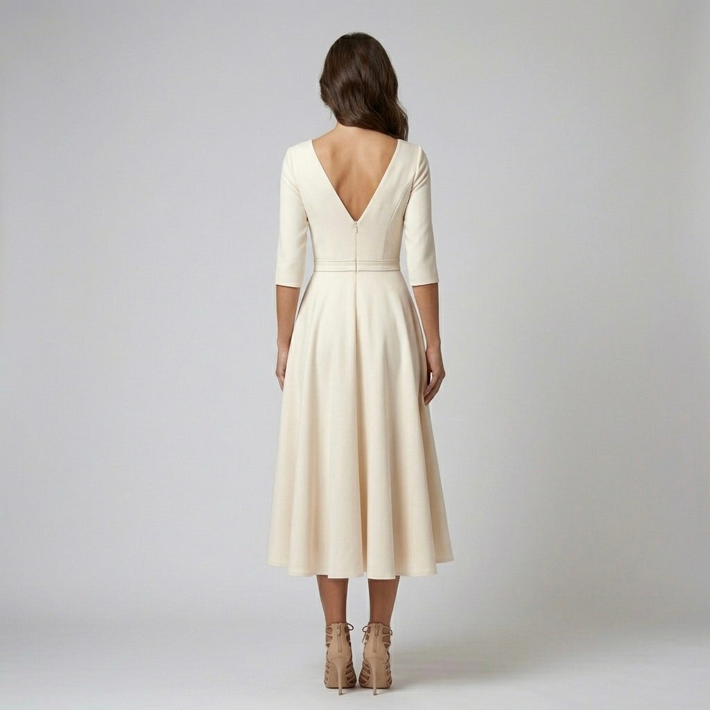 Women's Midi Dress White Elegant V Neck Flowing Design - 3