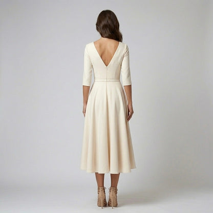 Women's Midi Dress White Elegant V Neck Flowing Design - 3