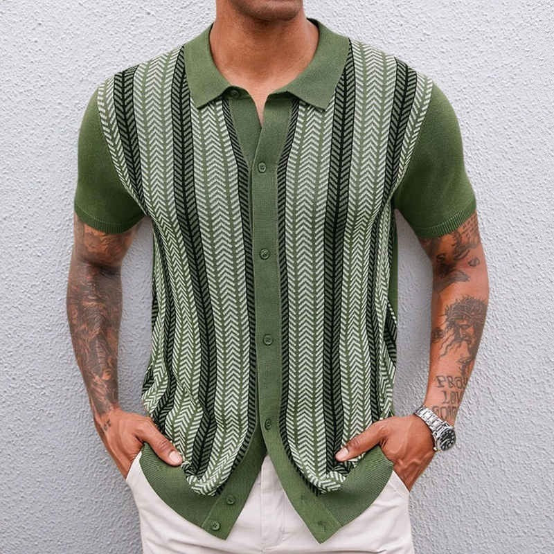 Men's Jacquard Knit Button-Down Shirt in Green - front view | Hensley London