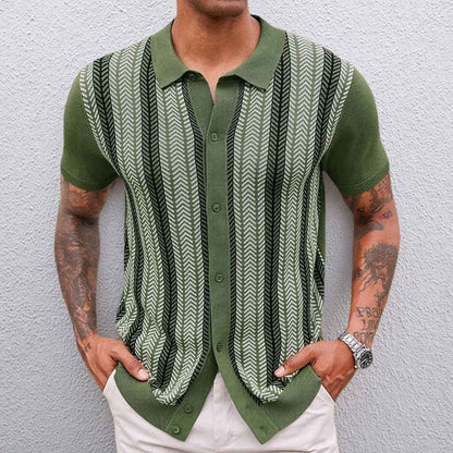 Men's Jacquard Knit Button-Down Shirt in Green - front view | Hensley London