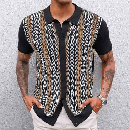 Men's Jacquard Knit Button-Down Shirt in Brown - front view | Hensley London