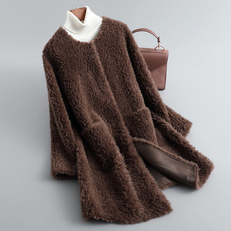 Women's Sherpa Fleece Longline Coat - detail view | Hensley London