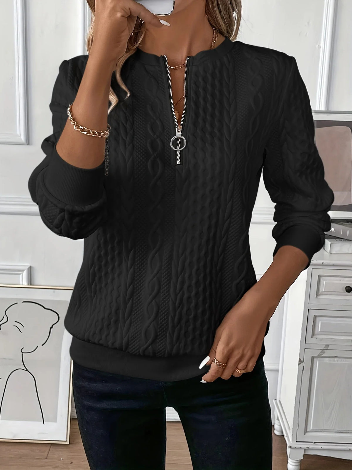 Women's Cable Knit Half-Zip Sweater – additional product view | Hensley London