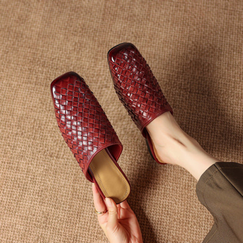 Women's Woven Leather Square-Toe Slip-On Mules – product view | Hensley London