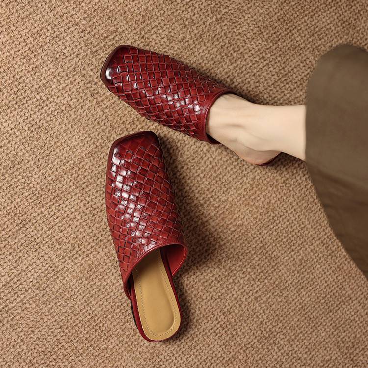 Women's Woven Leather Square-Toe Slip-On Mules – product view | Hensley London