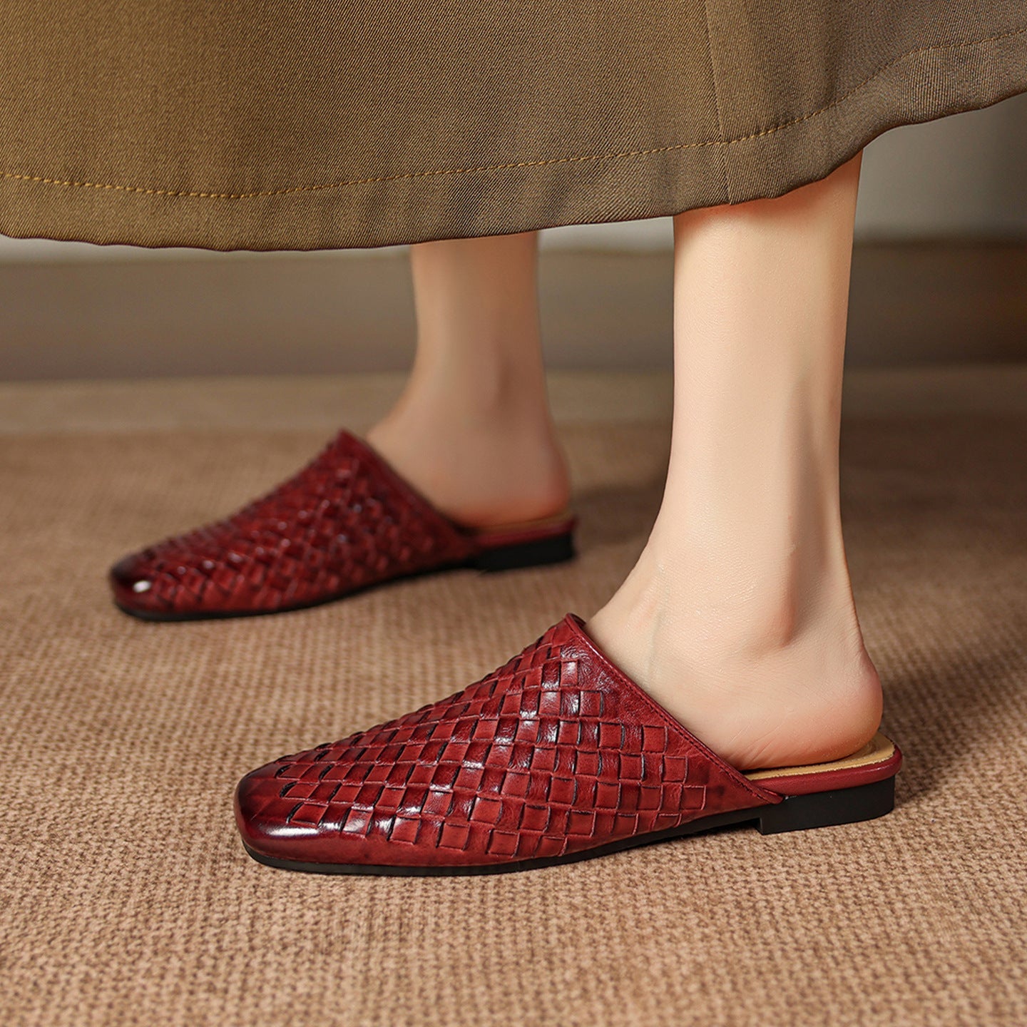 Women's Woven Leather Square-Toe Slip-On Mules – product view | Hensley London