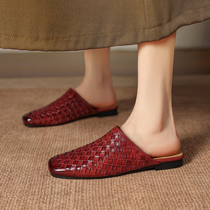 Women's Woven Leather Square-Toe Slip-On Mules – product view | Hensley London