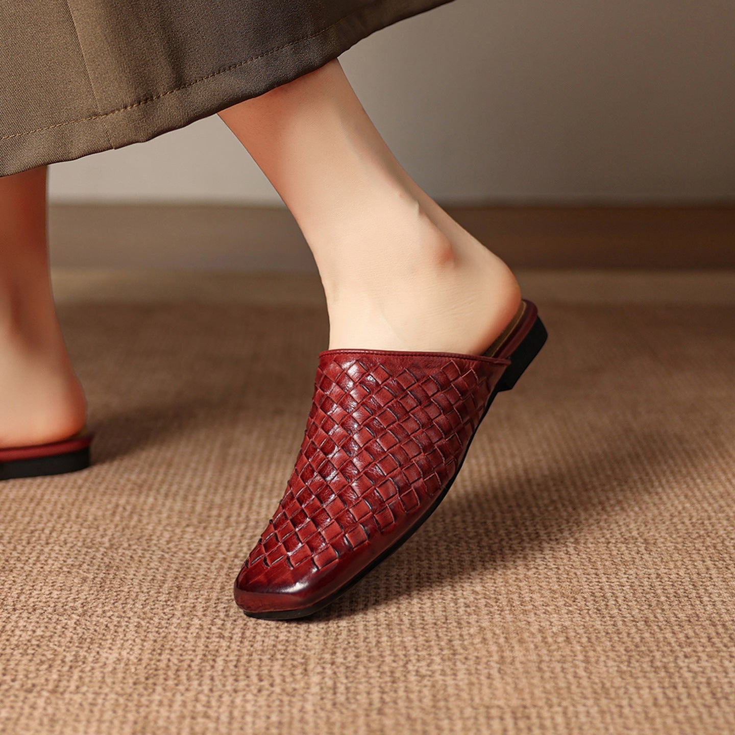 Women's Woven Leather Square-Toe Slip-On Mules – product view | Hensley London