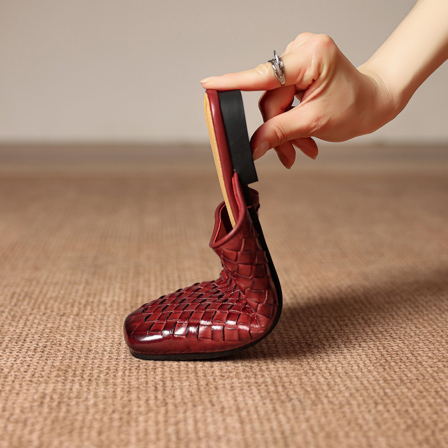 Women's Woven Leather Square-Toe Slip-On Mules – product view | Hensley London