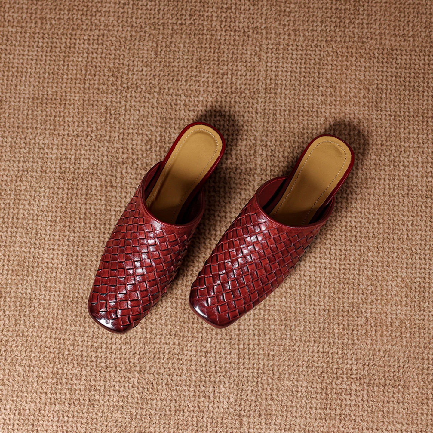 Women's Woven Leather Square-Toe Slip-On Mules – product view | Hensley London