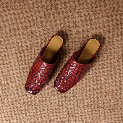 Women's Woven Leather Square-Toe Slip-On Mules – product view | Hensley London