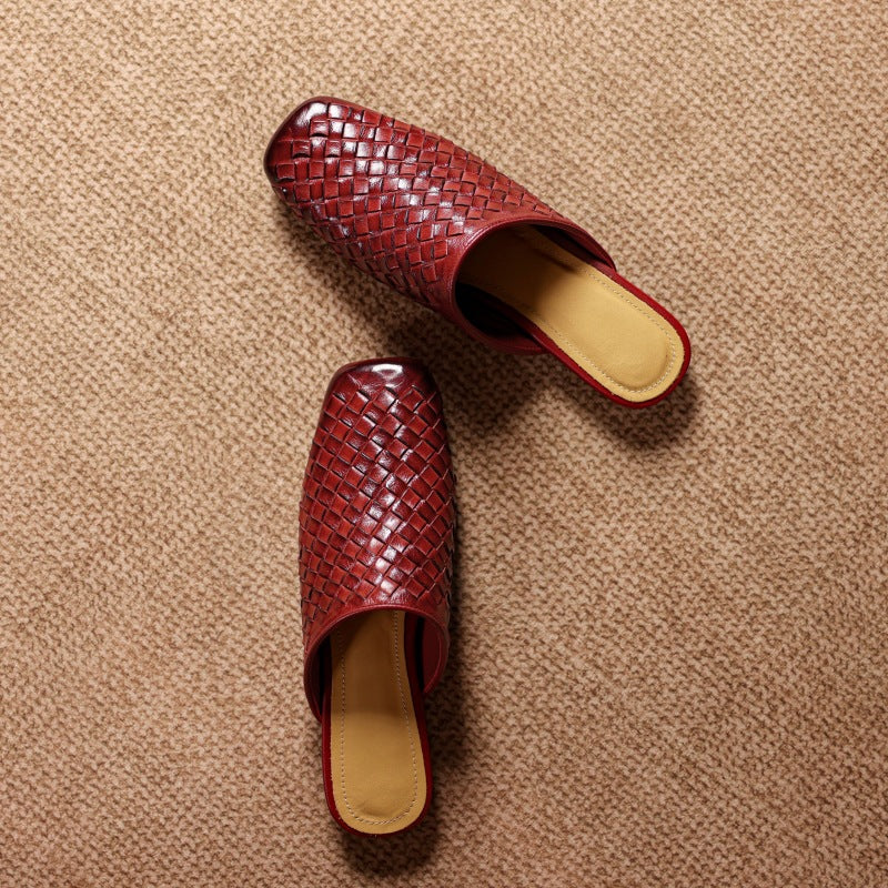 Women's Woven Leather Square-Toe Slip-On Mules – product view | Hensley London