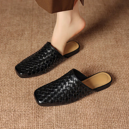 Women's Woven Leather Square-Toe Slip-On Mules – product view | Hensley London
