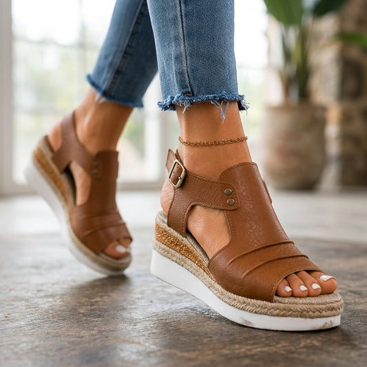 Women's Chunky Platform Ankle-Strap Sandals in Brown – side view | Hensley London