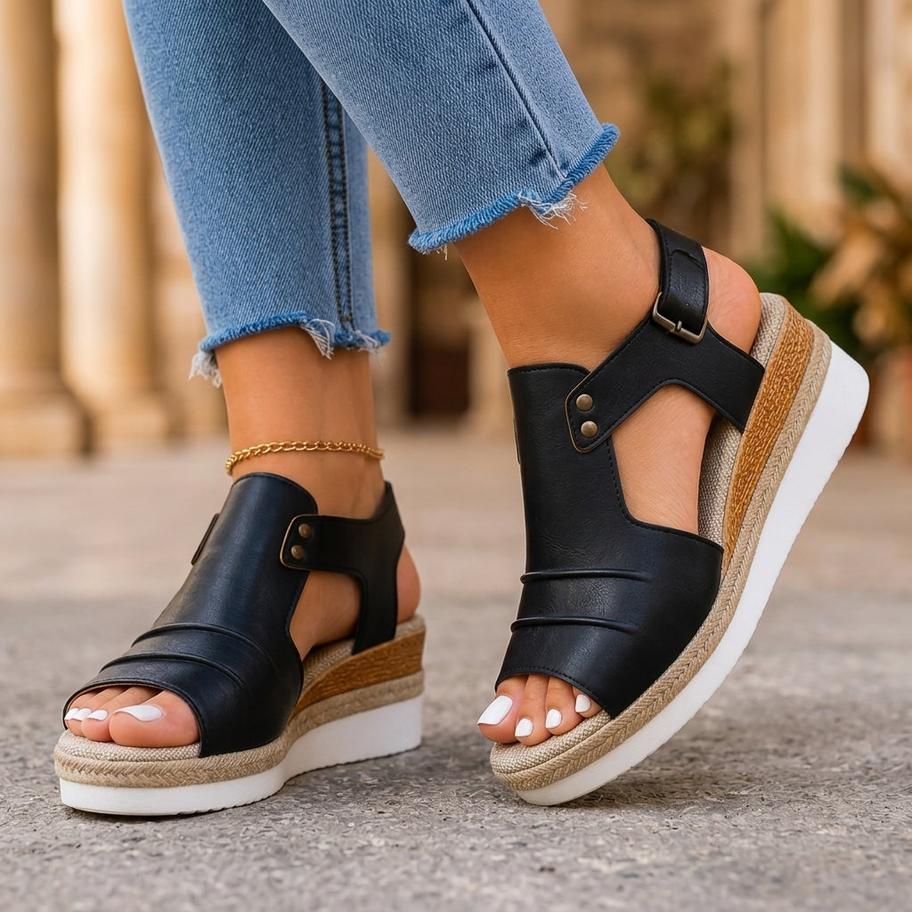 Women's Chunky Platform Ankle-Strap Sandals in Black – side view | Hensley London