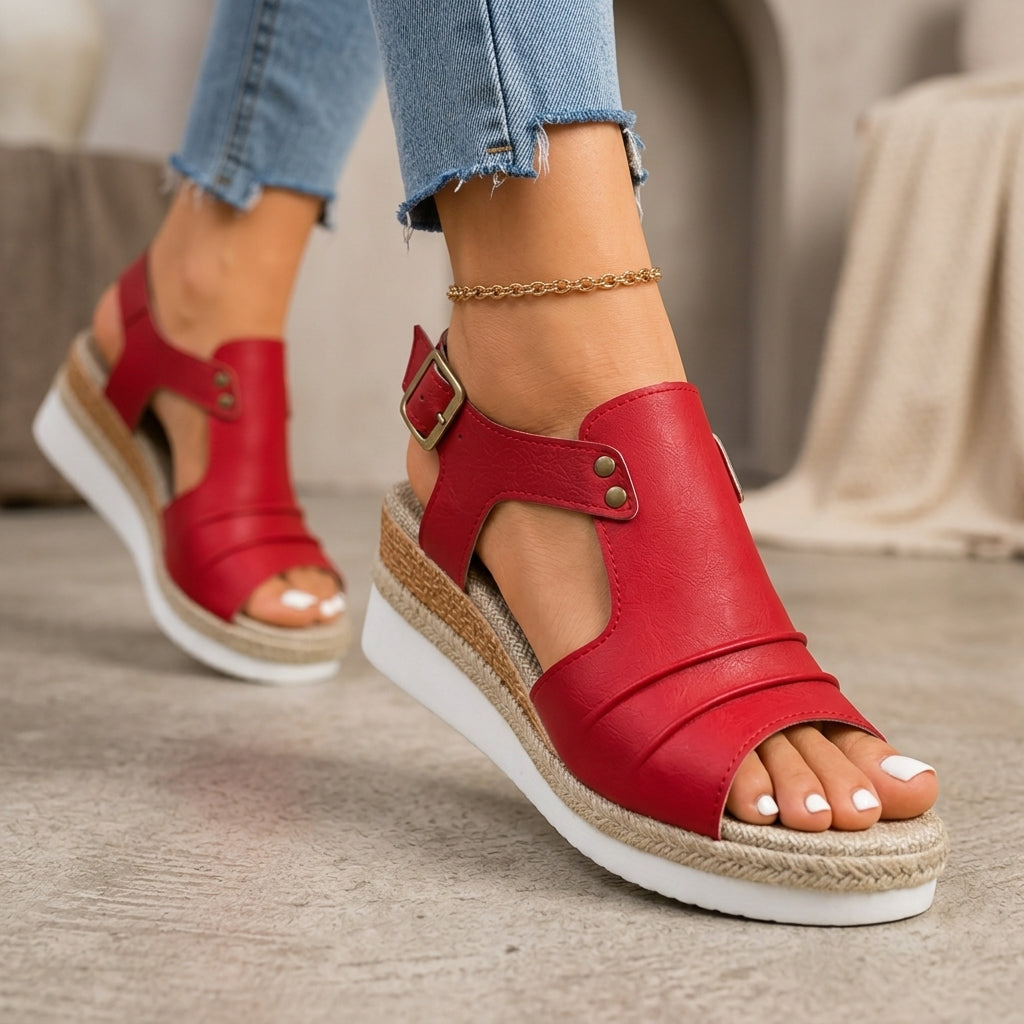 Women's Chunky Platform Ankle-Strap Sandals in Red – side view | Hensley London
