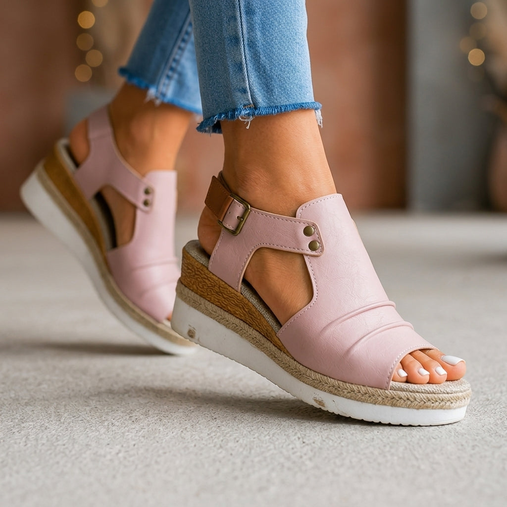 Women's Chunky Platform Ankle-Strap Sandals in Pink – side view | Hensley London