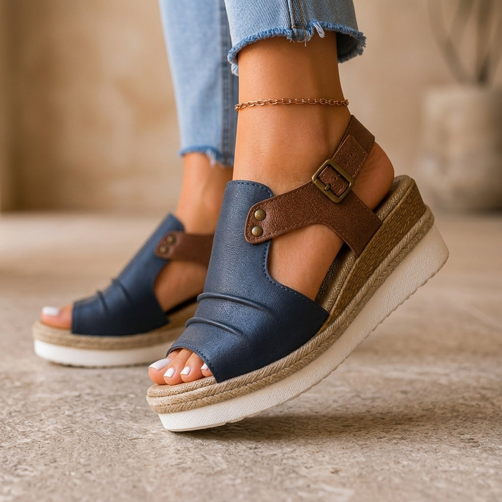 Women's Chunky Platform Ankle-Strap Sandals in Navy – side view | Hensley London
