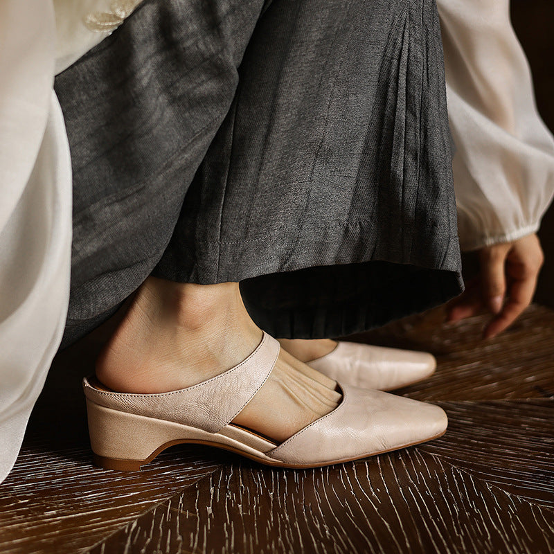 Women's Lambskin Square-Toe Wedge Mules in Soft Oat | Hensley London