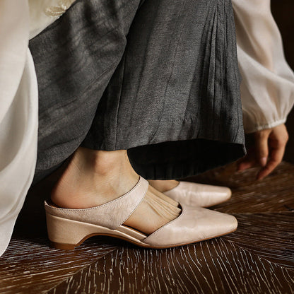Women's Lambskin Square-Toe Wedge Mules in Soft Oat | Hensley London