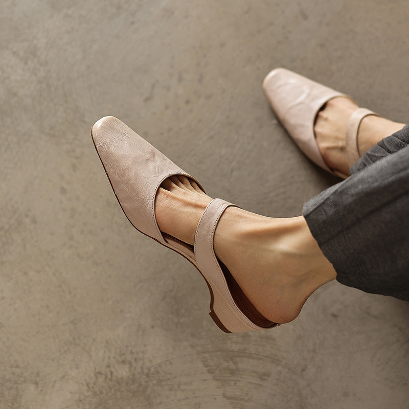 Women's Lambskin Square-Toe Wedge Mules in Cognac Tan | Hensley London