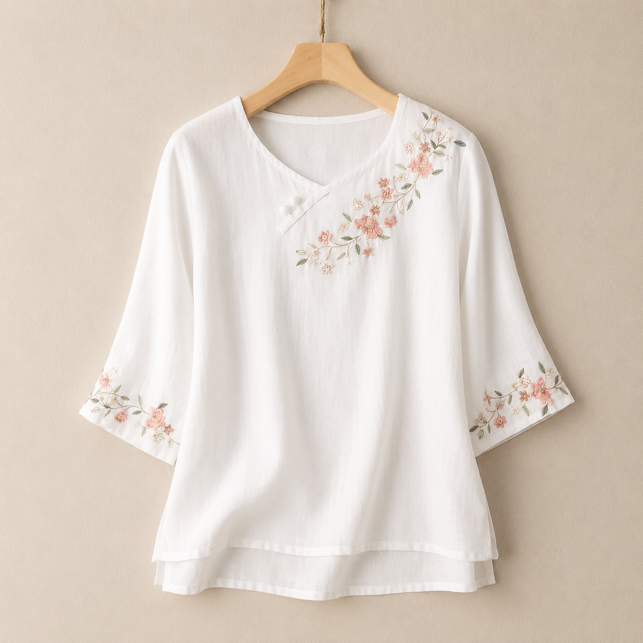 Women's Embroidered Cotton Linen Floral Blouse in Pink – front view | Hensley London