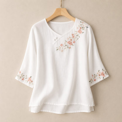 Women's Embroidered Cotton Linen Floral Blouse in Pink – front view | Hensley London
