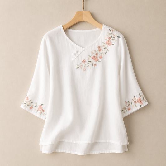 Women's Embroidered Cotton Linen Floral Blouse in Pink – front view | Hensley London