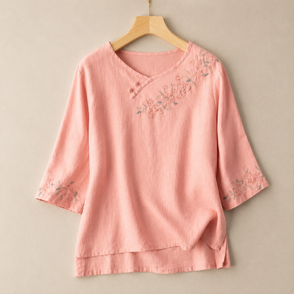 Women's Embroidered Cotton Linen Floral Blouse in Yellow – front view | Hensley London