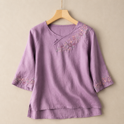 Women's Embroidered Cotton Linen Floral Blouse in Purple – front view | Hensley London