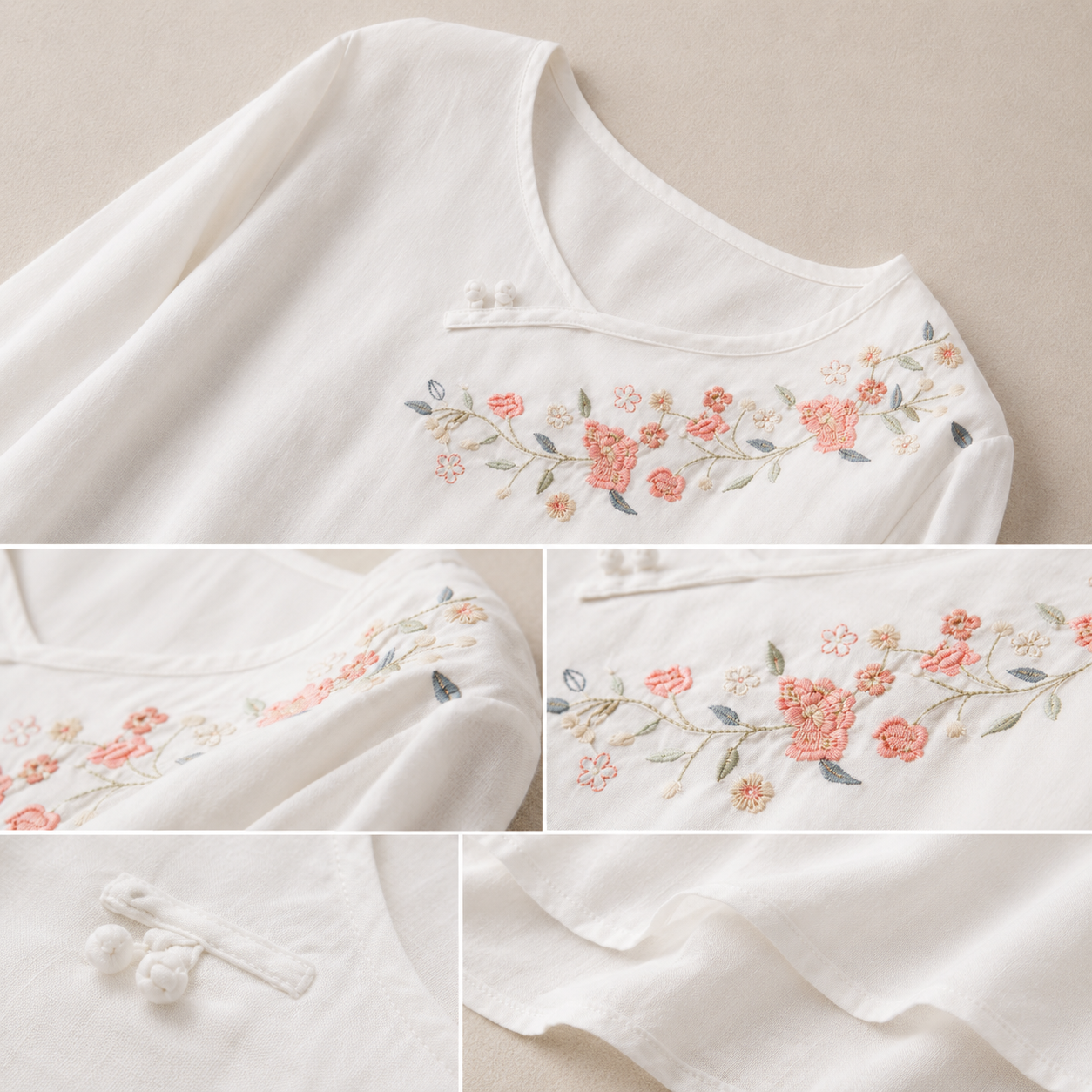 Women's Embroidered Cotton Linen Floral Blouse – embroidery detail view | Hensley London