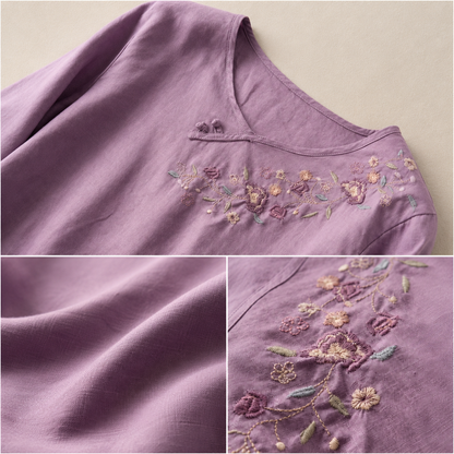 Women's Embroidered Cotton Linen Floral Blouse – styled view | Hensley London