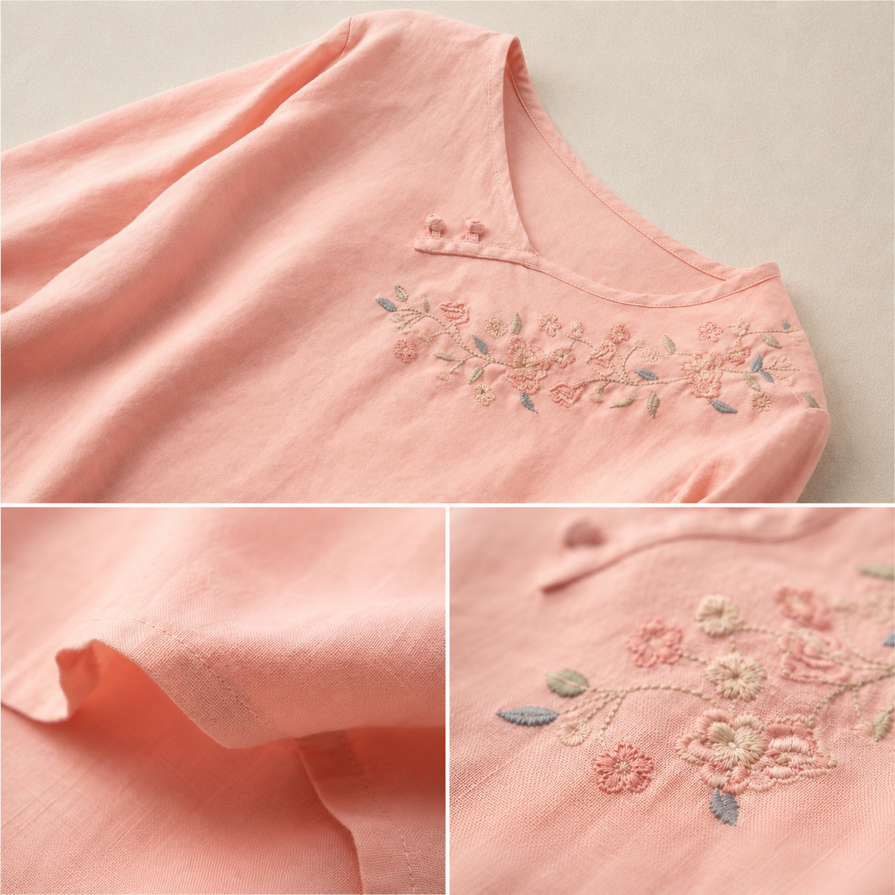Women's Embroidered Cotton Linen Floral Blouse – sleeve detail view | Hensley London