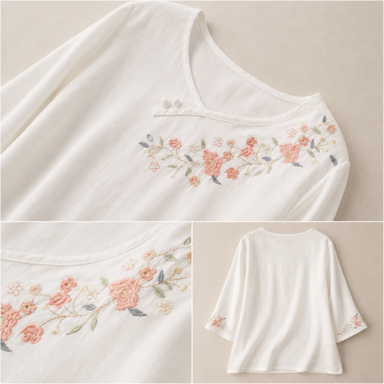 Women's Embroidered Cotton Linen Floral Blouse – fabric close-up view | Hensley London