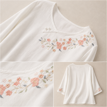 Women's Embroidered Cotton Linen Floral Blouse – fabric close-up view | Hensley London