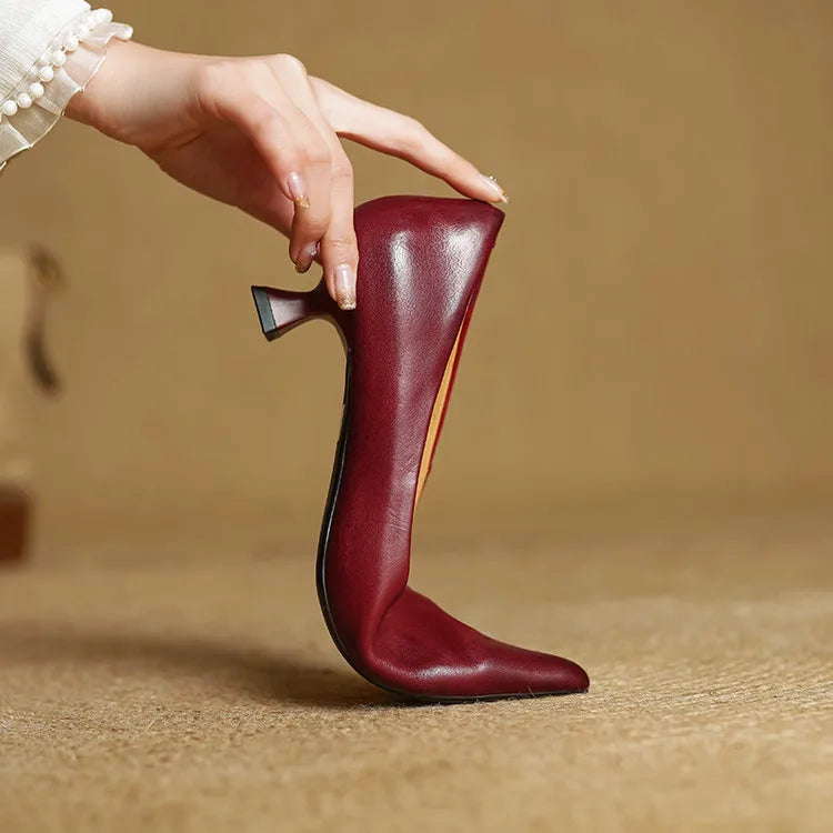 Women's Genuine Leather Pointed Heels in Maroon – Angle View | Hensley London