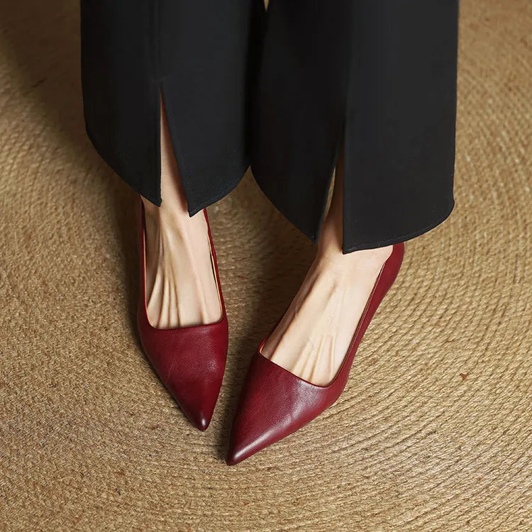 Women's Genuine Leather Pointed Heels in Maroon – Detail Shot | Hensley London