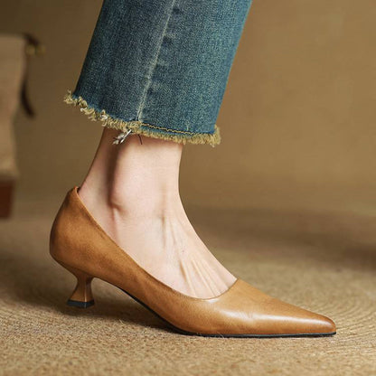 Women's Genuine Leather Pointed Heels in Black – Side View | Hensley London