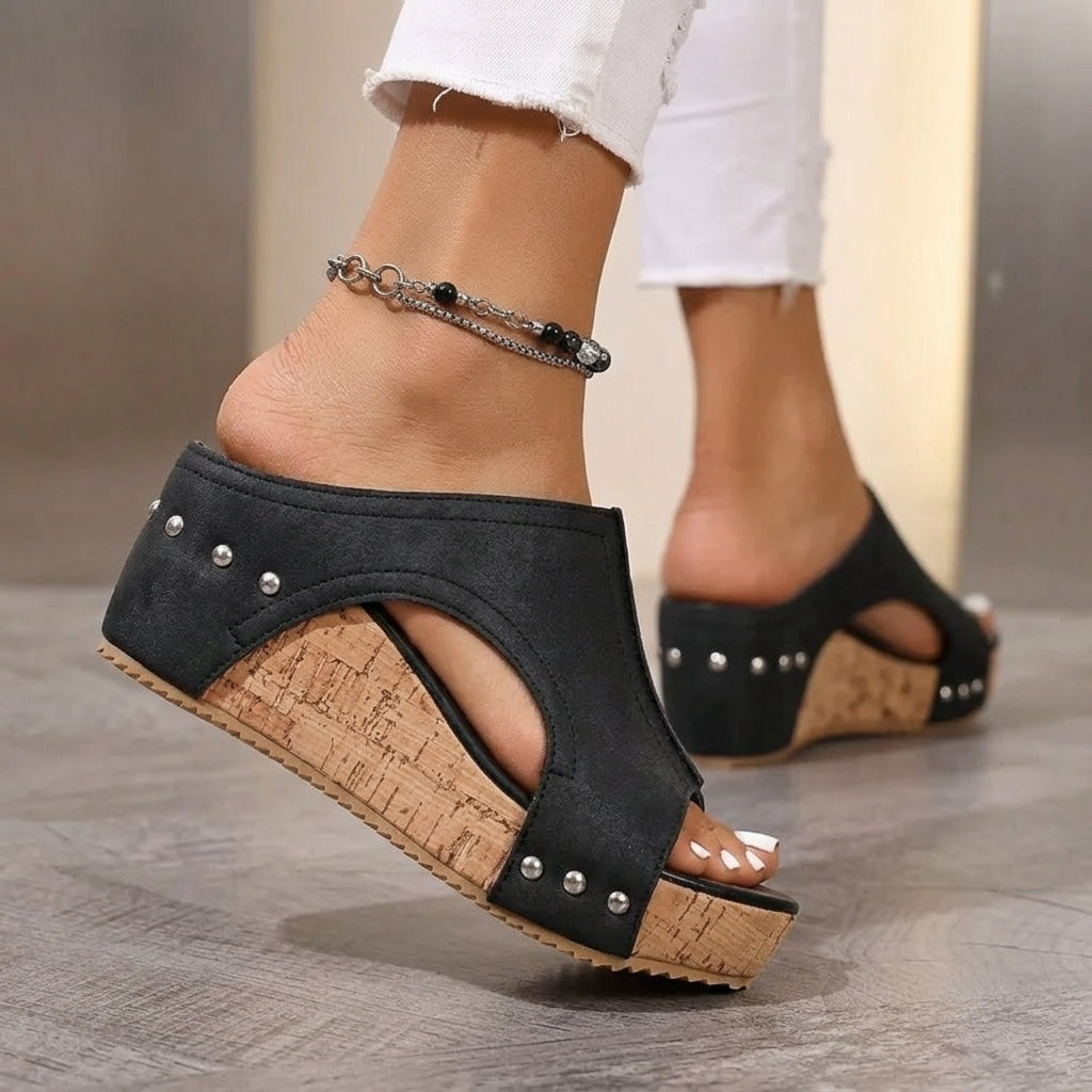 Women's Cork Platform Wedge Slide Sandals in Black – side view | Hensley London