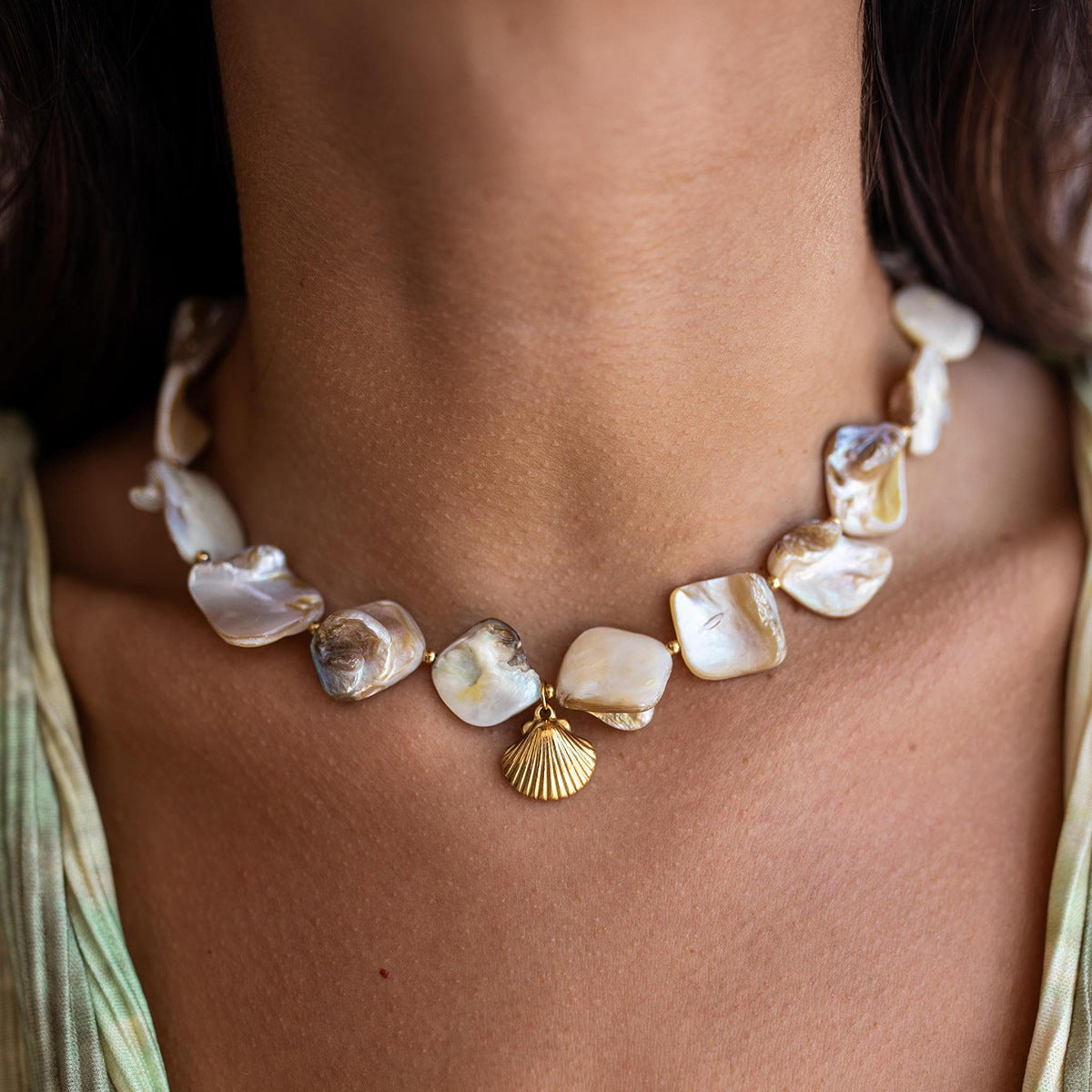 Aquamarine Seashell Necklace with Freshwater Pearls – Waterproof, Hypoallergenic, 16-Inch Adjustable Length 1