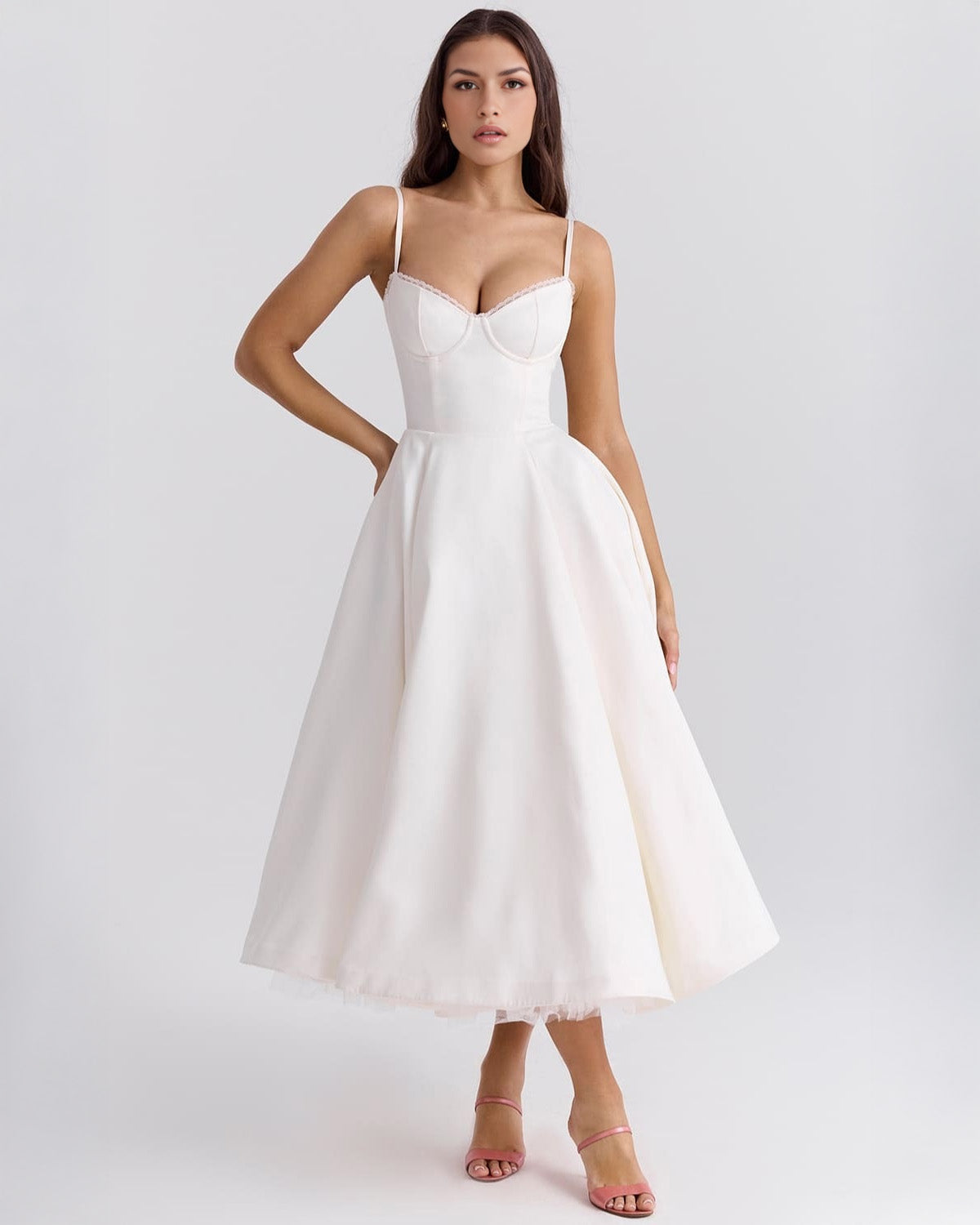 Women's Cocktail Dress Pink Satin Corset Midi - 1