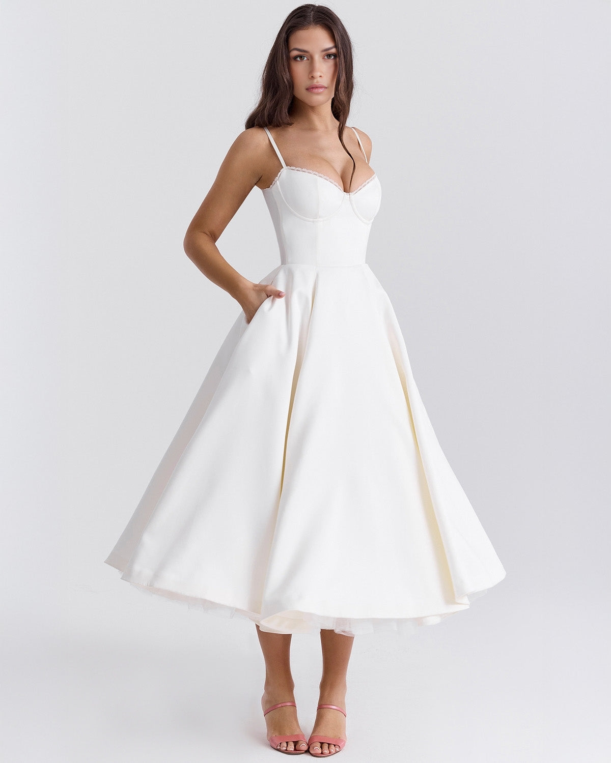 Women's Cocktail Dress Pink Satin Corset Midi - 2