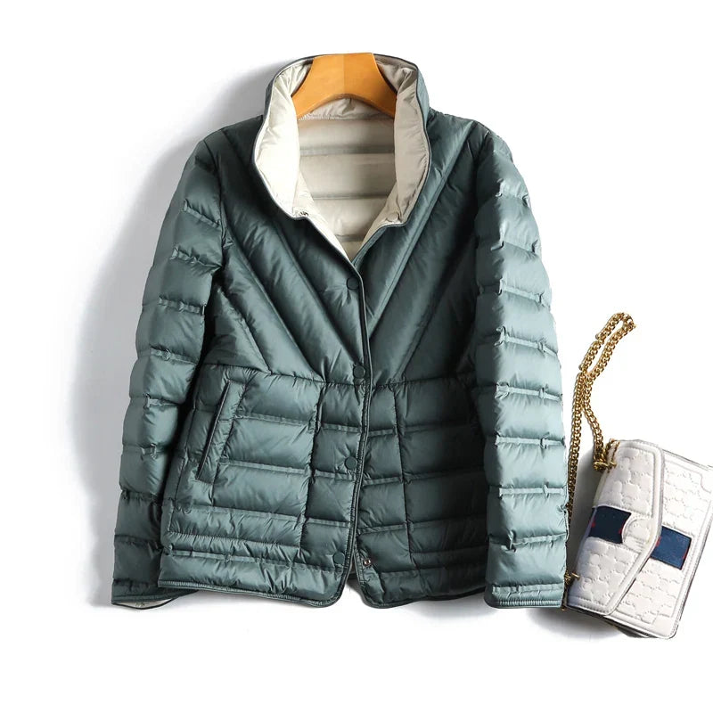Women's Quilted Waist-Shaped Jacket in Green – product view | Hensley London