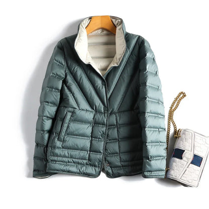 Women's Quilted Waist-Shaped Jacket in Green – product view | Hensley London