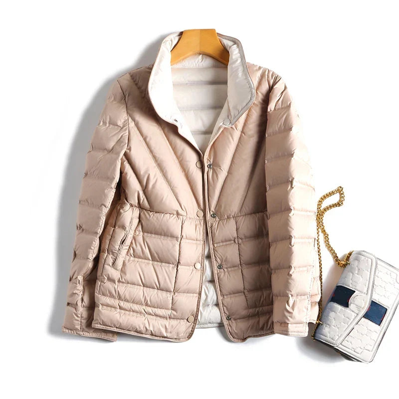 Women's Quilted Waist-Shaped Jacket in Khaki – product view | Hensley London