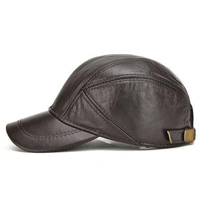 Men's Cowhide Leather Ear-Flap Cap in Light Brown - detail view | Hensley London