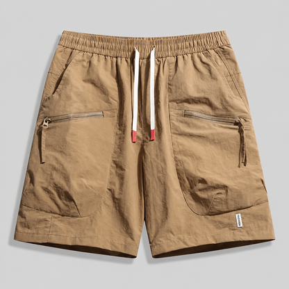 Men's Utility Zip-Pocket Shorts in Khaki – front view | Hensley London
